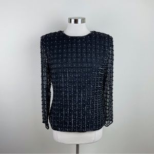 Vintage Stenay 100% Silk Beaded Black Long Sleeve Glam Blouse Top Women Medium